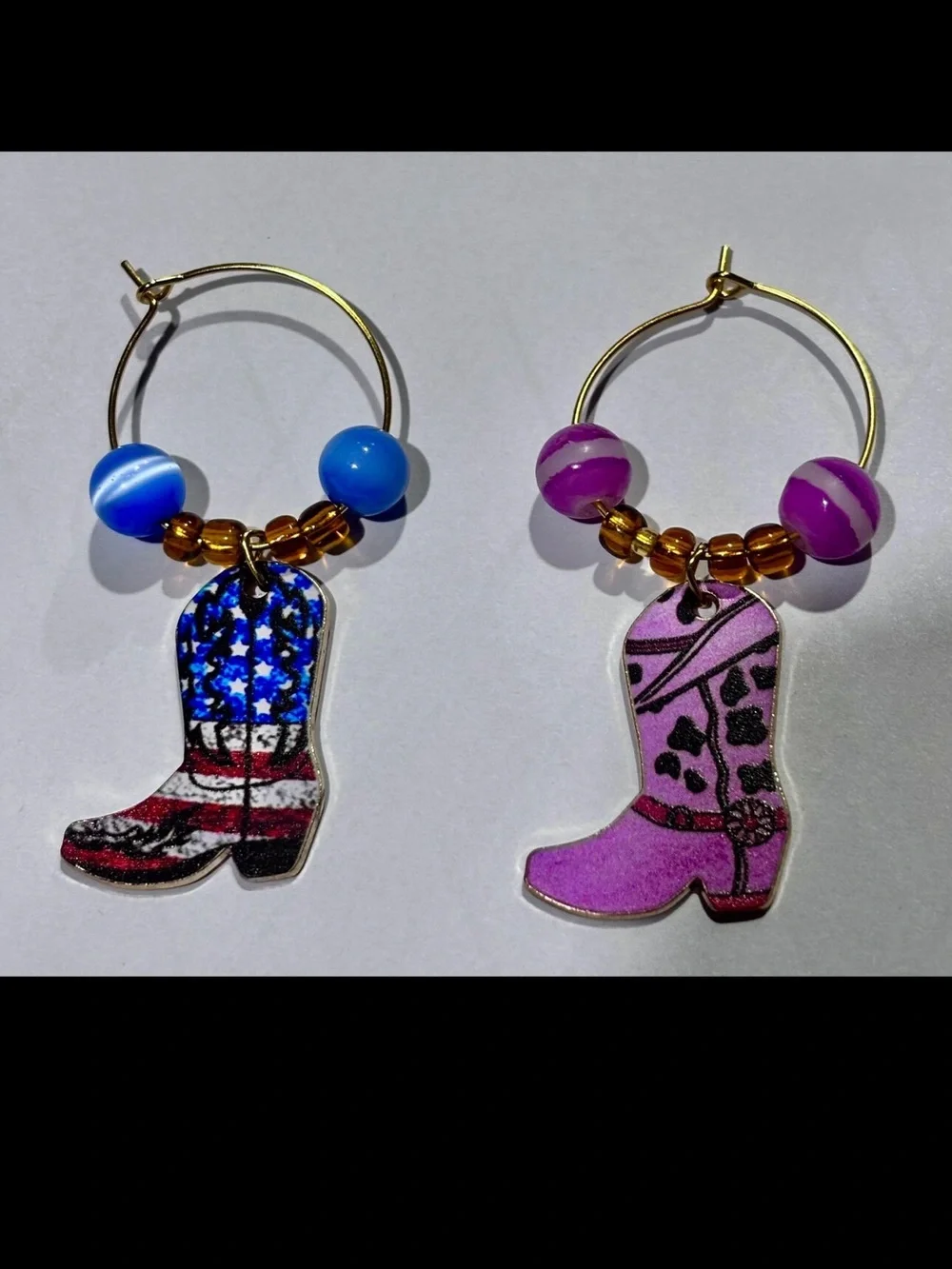 Handmade Cowboy Boot Wine Glass Charms Set 2 Western Cowgirl Beaded Drink